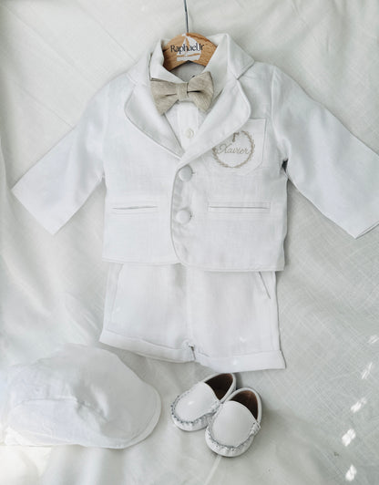 White linen summer Baptism outfit with suspender shorts, shirt, bowtie plus optional extras