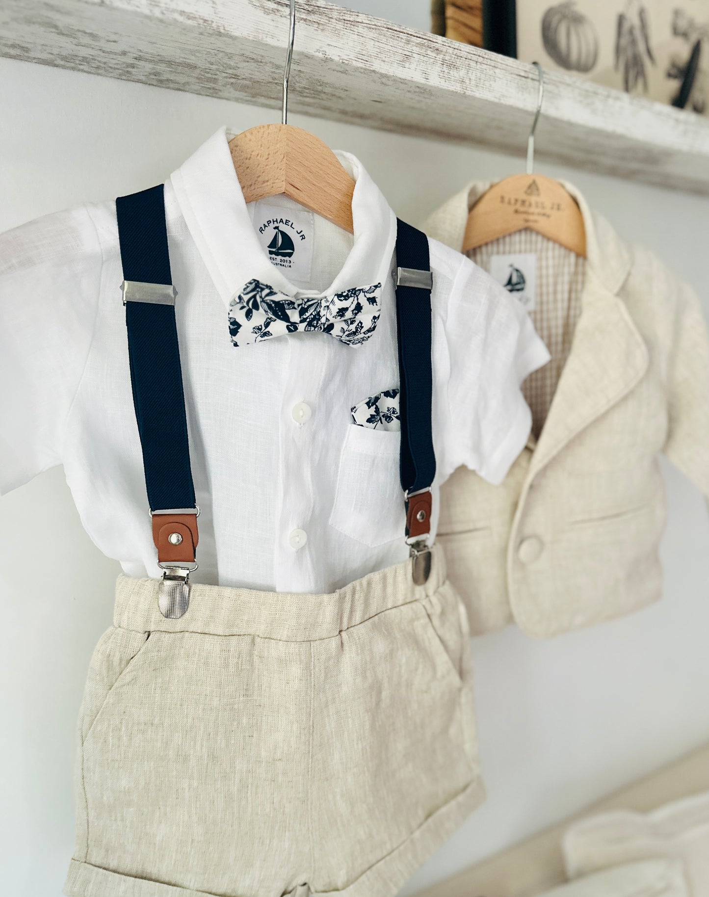 Beige Linen Summer Suit with navy blue accessories