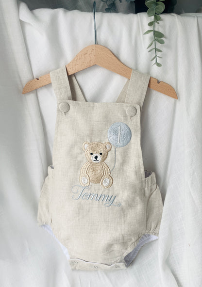 Beige and white linen Birthday teddy bear romper and blouse set