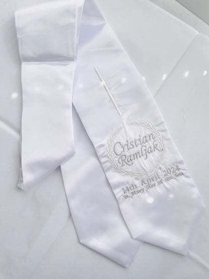 White satin children's sash stole for Baptisms 60in long