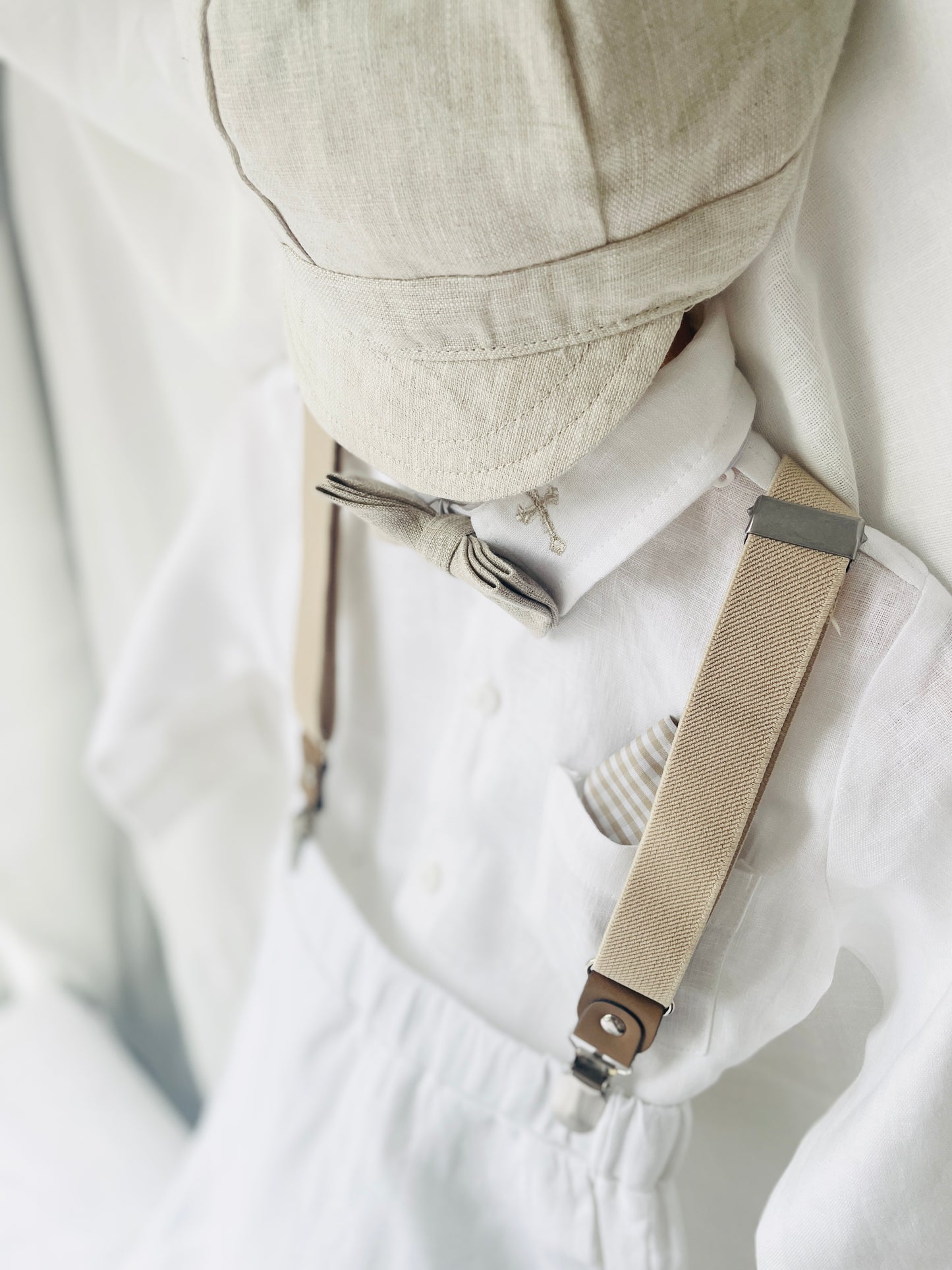 White and Beige Linen Set with optional Jacket Accessories and Embroidery Available