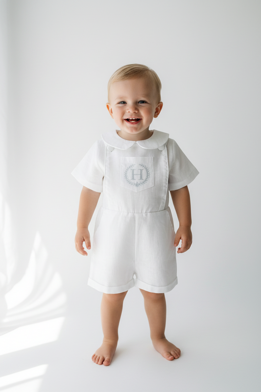 Boys white pure linen overalls suspender shorts with optional linen blouse and embroidery