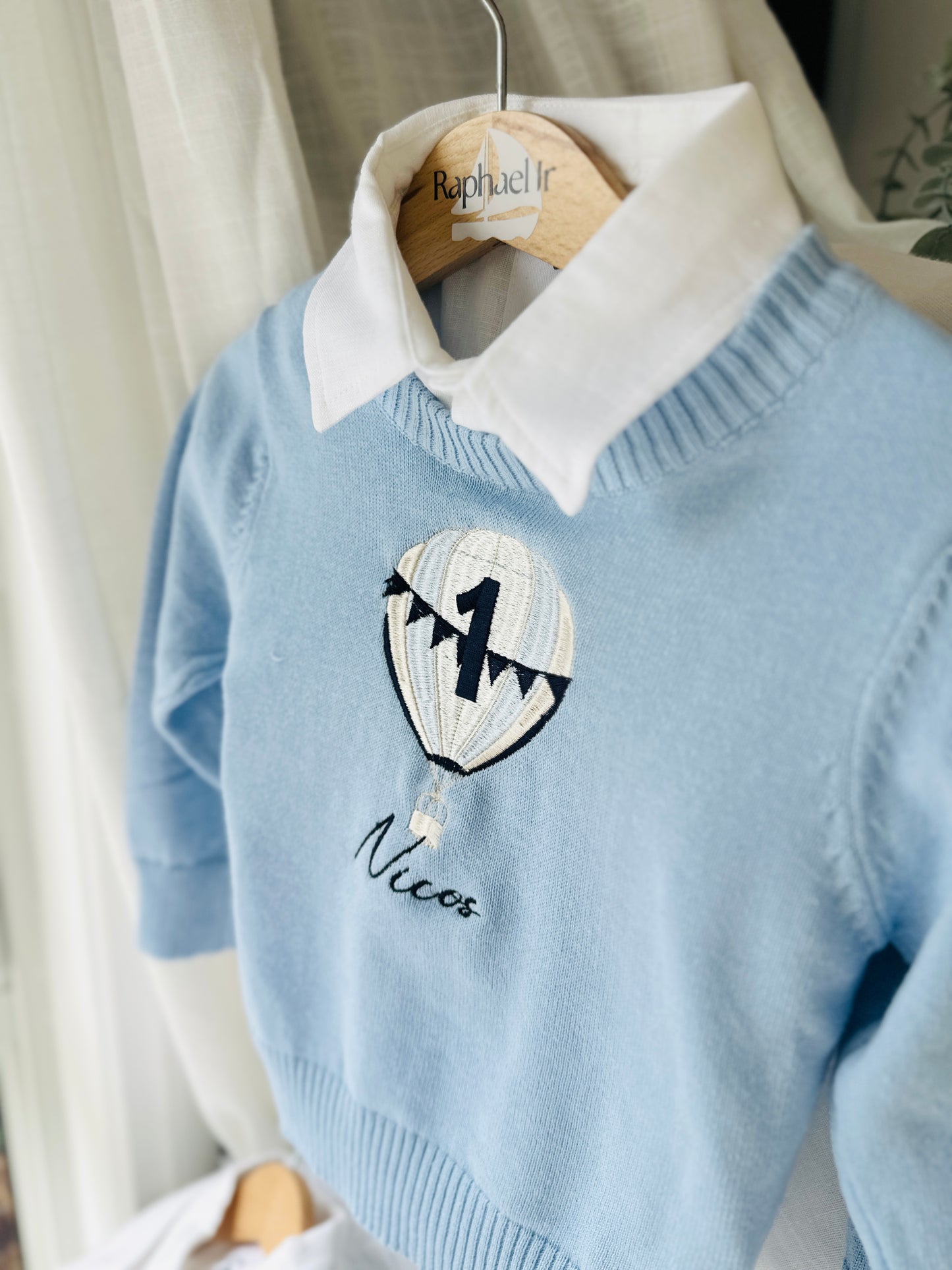 Baby blue cotton sweater with optional embroidery