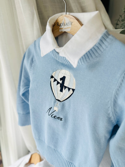 Baby blue cotton sweater with optional embroidery