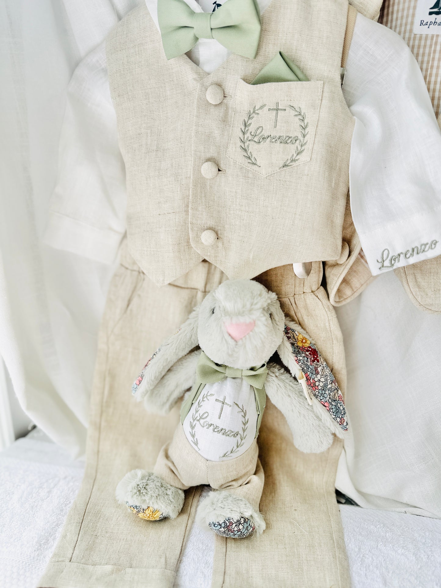 Beige Linen vest suit, shirt, pants, suspenders and bowtie plus optional jacket, cap and shoes