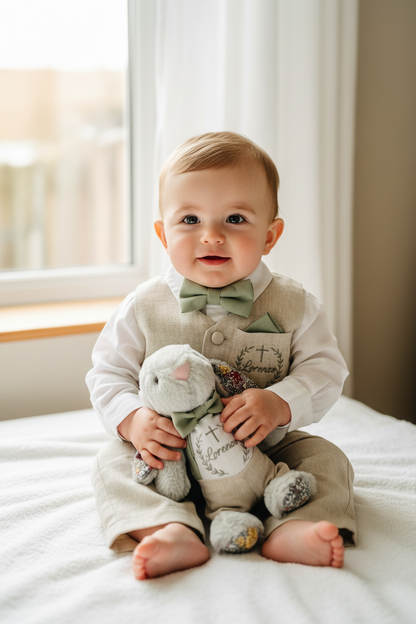 Beige Linen Shorts Shirt Suspenders and Vest set with Optional Cap Jacket and Embroidery