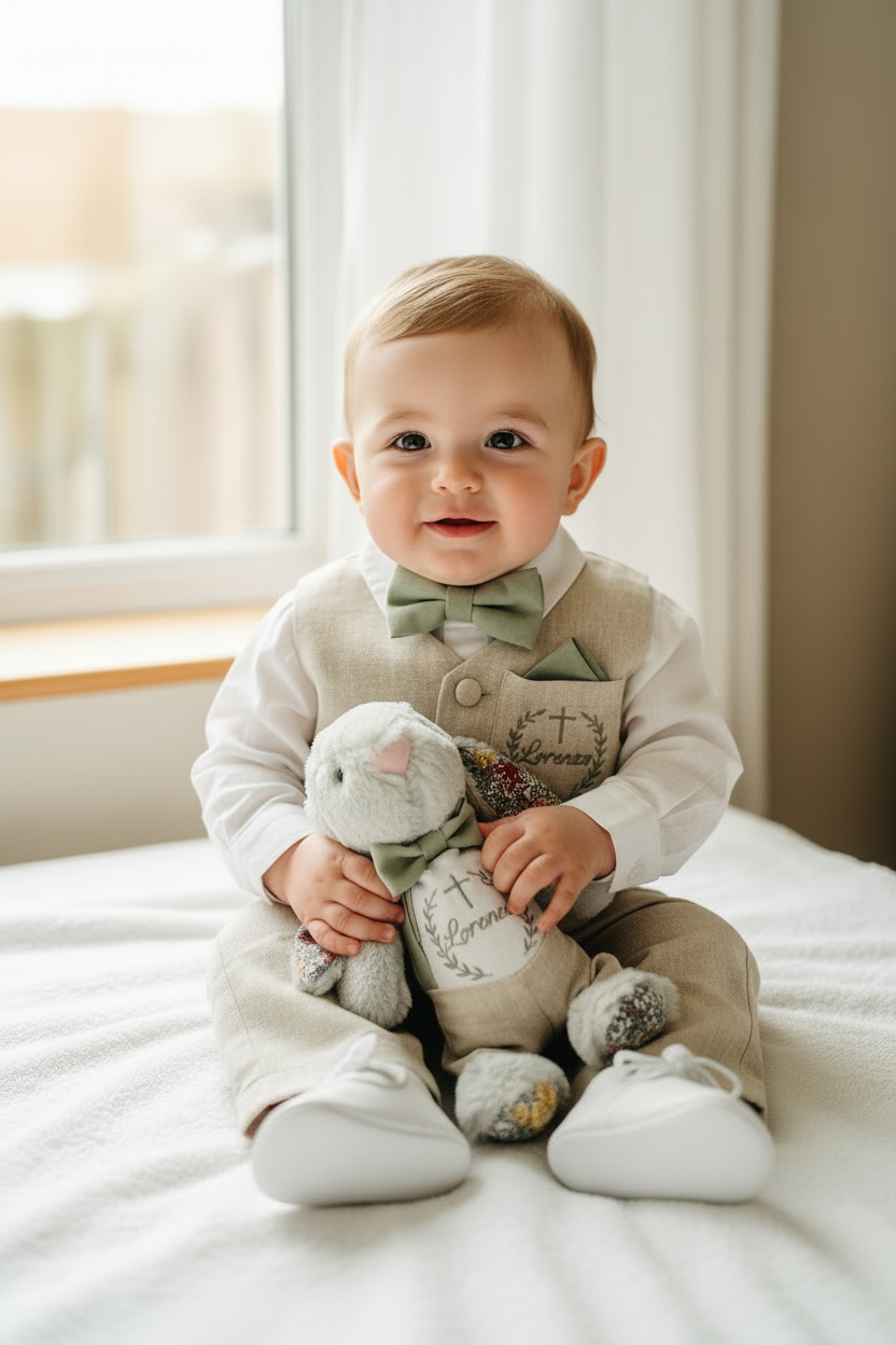 Beige Linen vest suit, shirt, pants, suspenders and bowtie plus optional jacket, cap and shoes