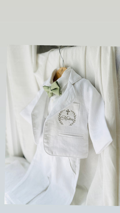 Boys white linen full 5 piece suit with vest, jacket, shirt, pants, suspenders and bow tie plus extras