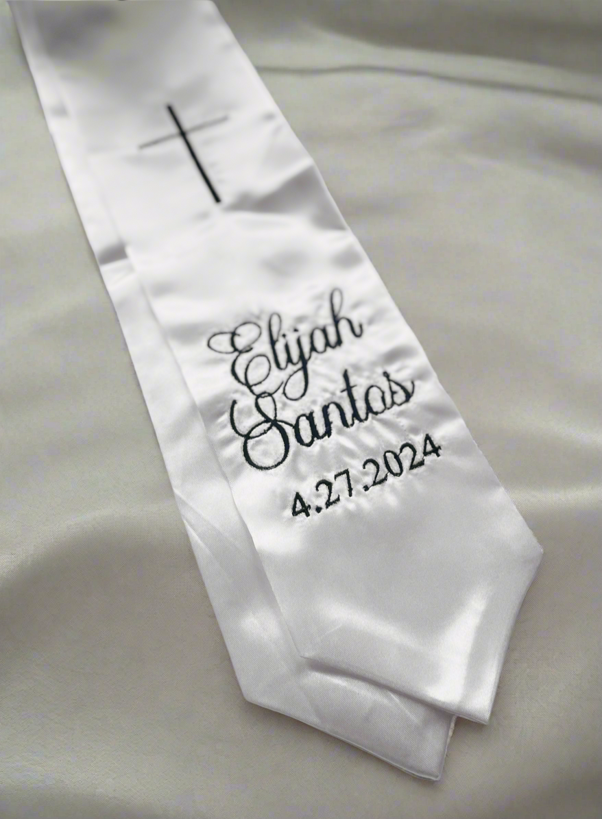 White satin children's sash stole for Baptisms