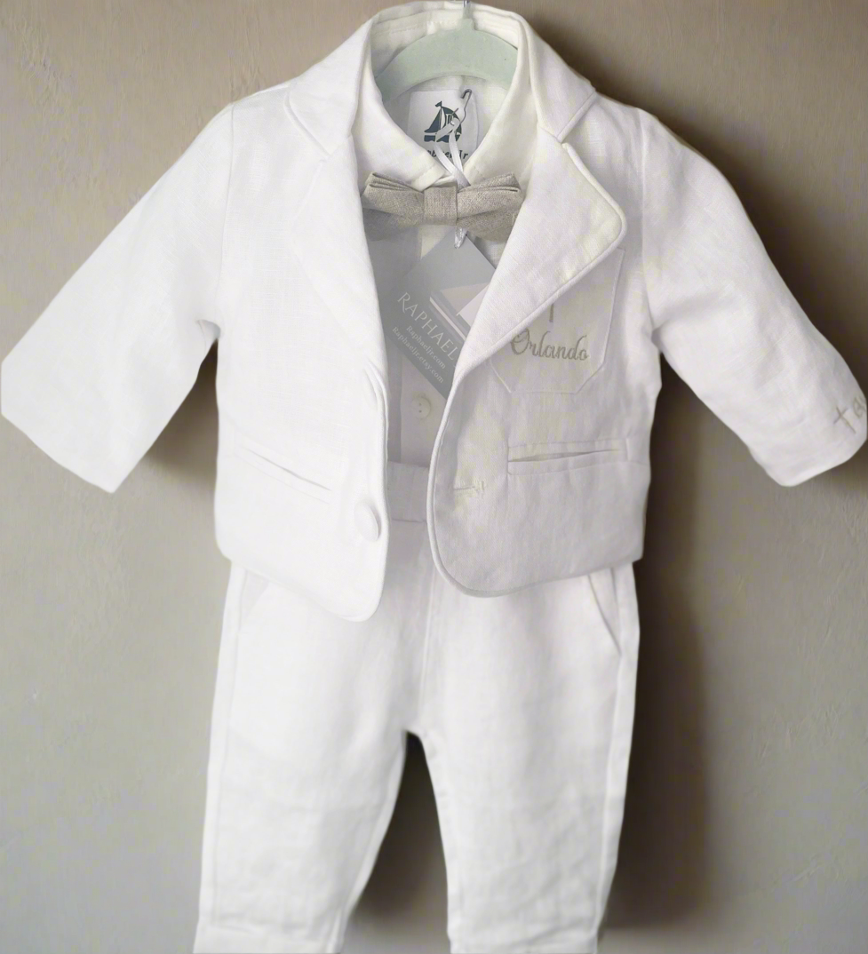 White linen Baptism suit set with pants, shirt, suspenders and bowtie plus optional extras