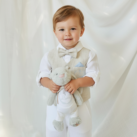 White and beige linen Baptism and Wedding Outfit with vest, shirt, shorts, suspenders and bow tie