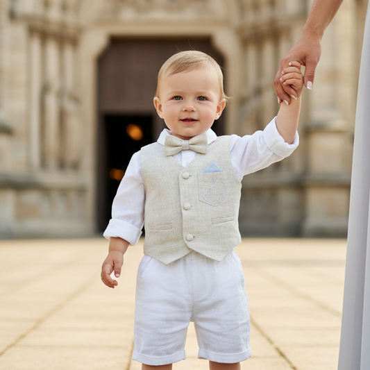 White and beige linen Baptism and Wedding Outfit with vest, shirt, shorts, suspenders and bow tie