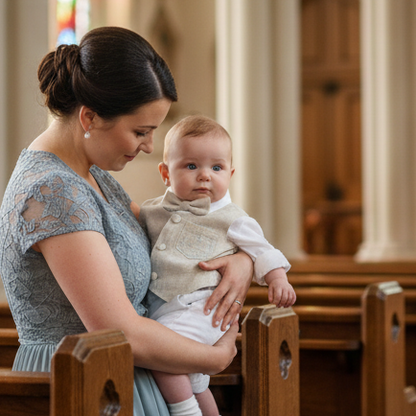 White and beige linen Baptism and Wedding Outfit with vest, shirt, shorts, suspenders and bow tie