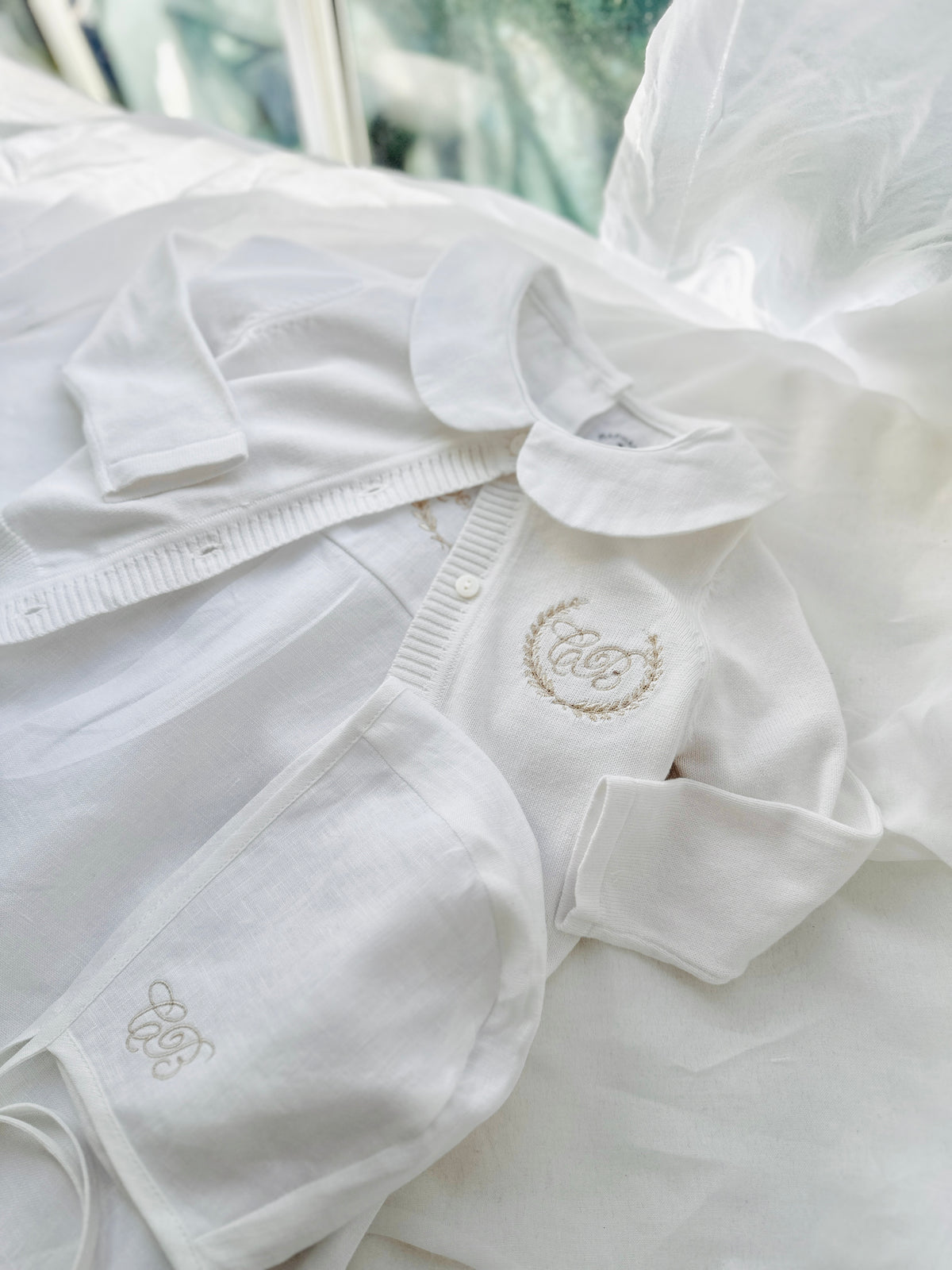 Linen Baptism 3/4 length jumpsuit romper with optional cardigan and embroidery