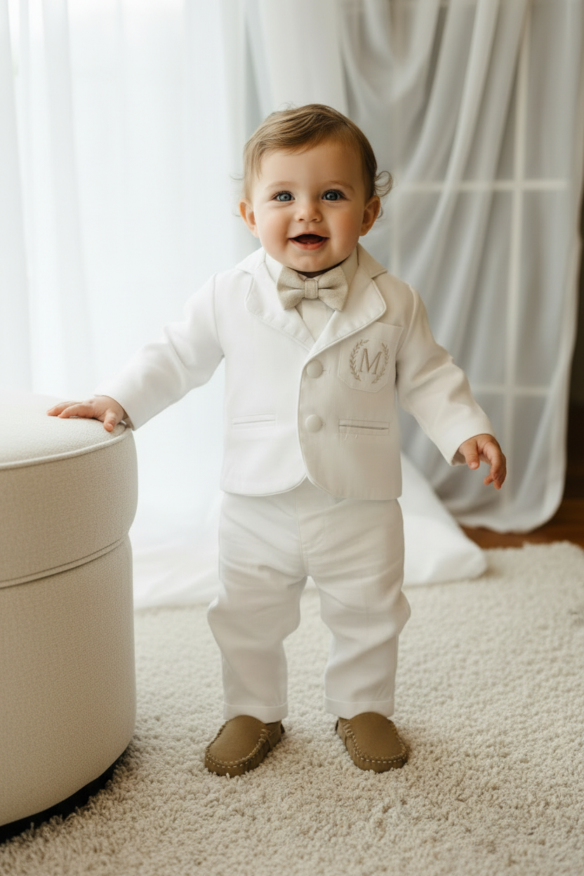 White linen Baptism suit set with pants, shirt, suspenders and bowtie plus optional jacket and extras