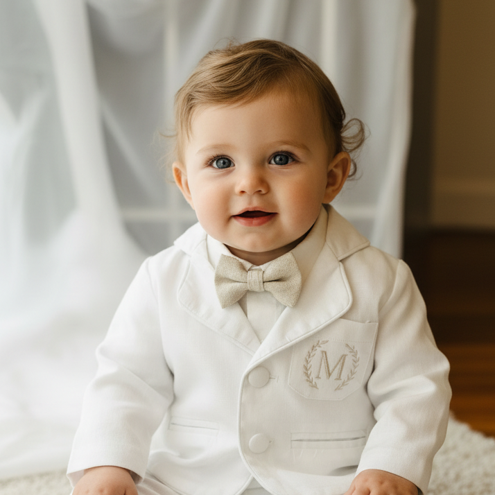 Boys White linen Baptism blazer jacket with optional embroidery