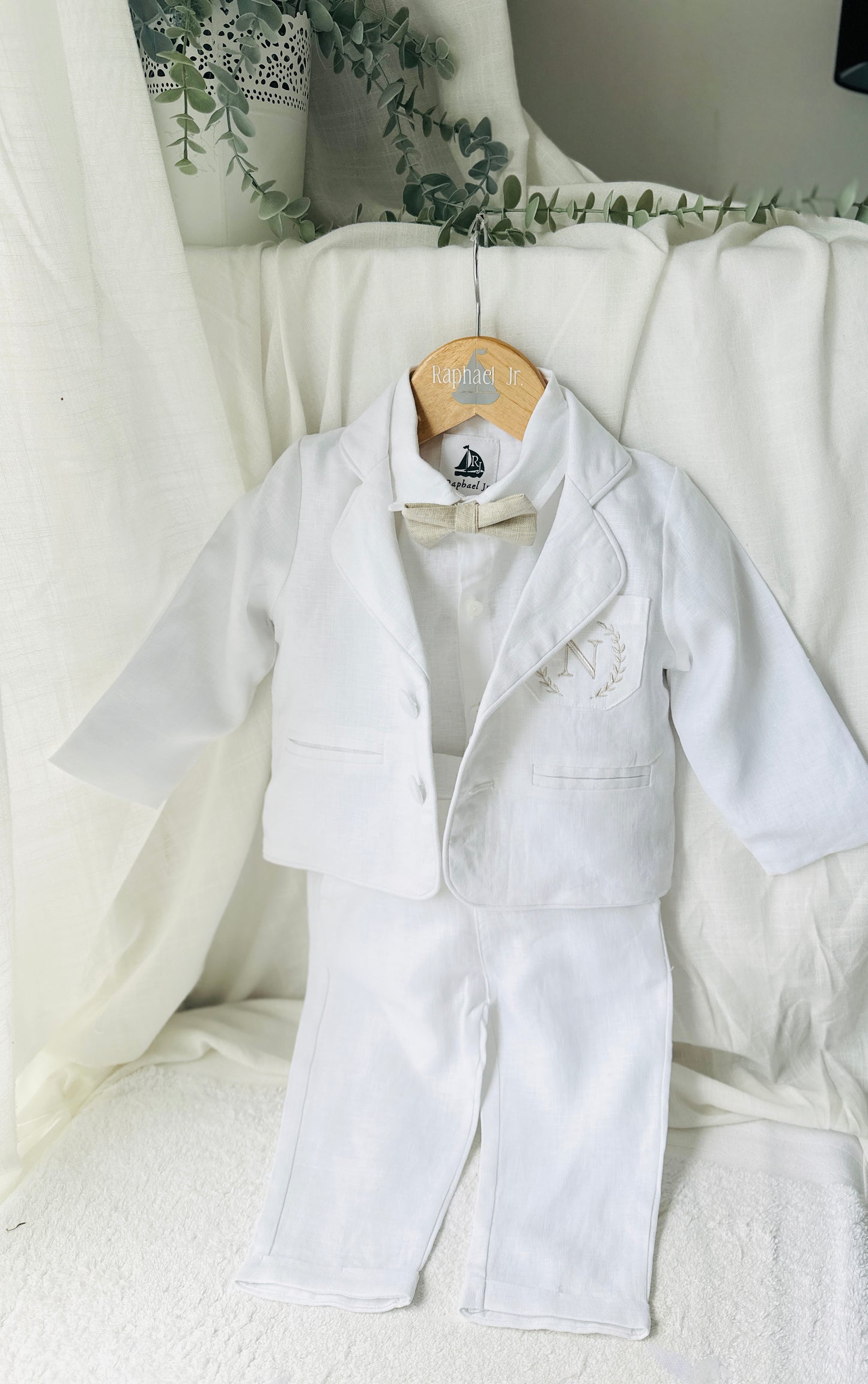 White linen Baptism suit set with pants, shirt, suspenders and bowtie plus optional jacket and extras