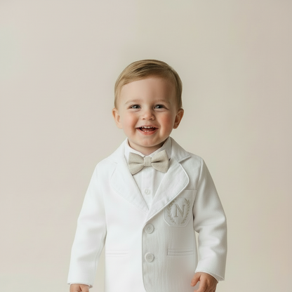 White linen summer Baptism outfit with suspender shorts, shirt, bowtie plus optional extras