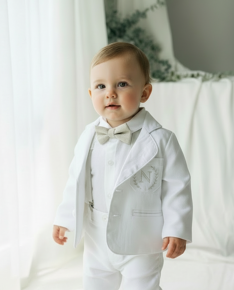 White linen Baptism suit set with pants, shirt, suspenders and bowtie plus optional jacket and extras
