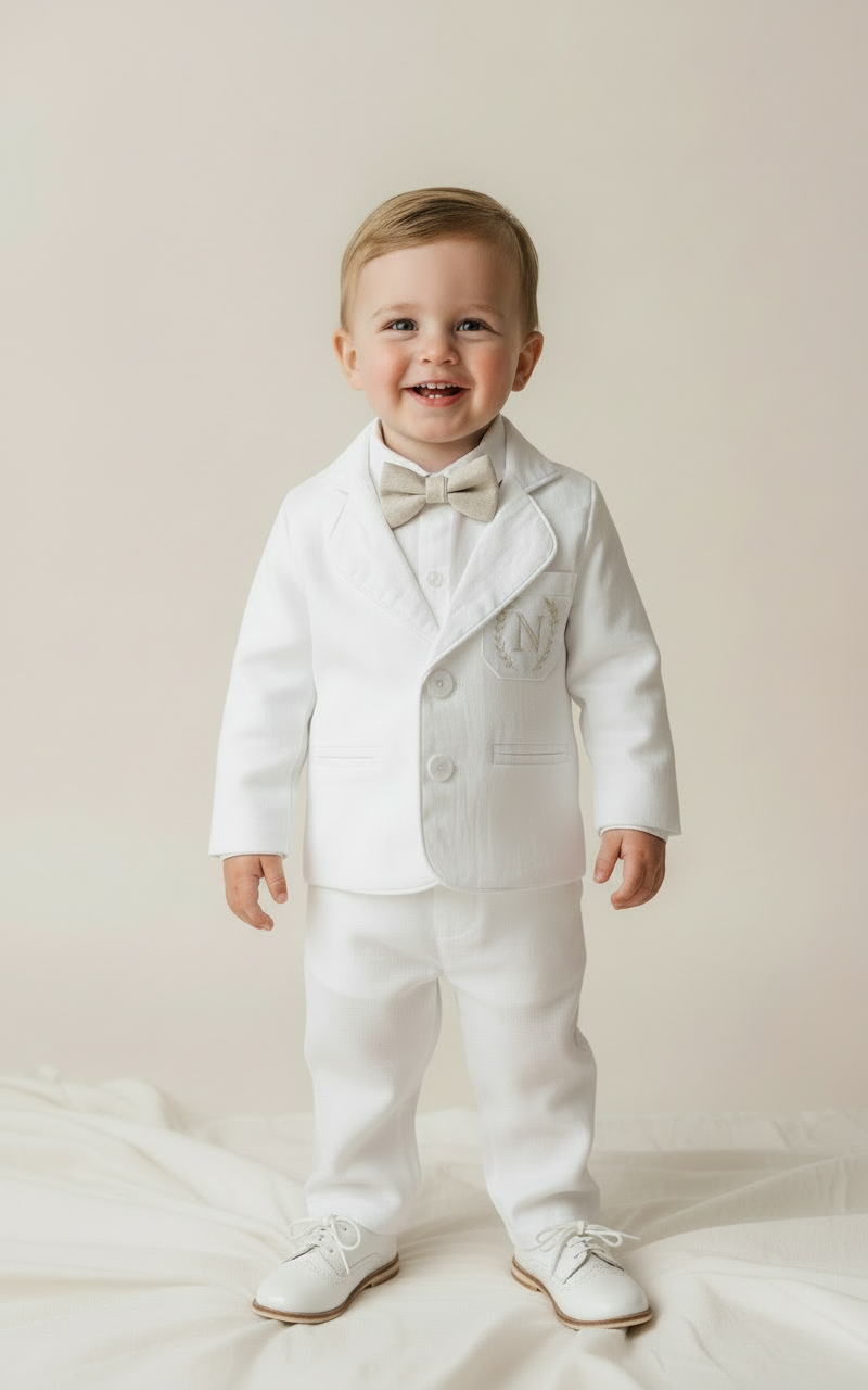 White linen Baptism suit set with pants, shirt, suspenders and bowtie plus optional jacket and extras