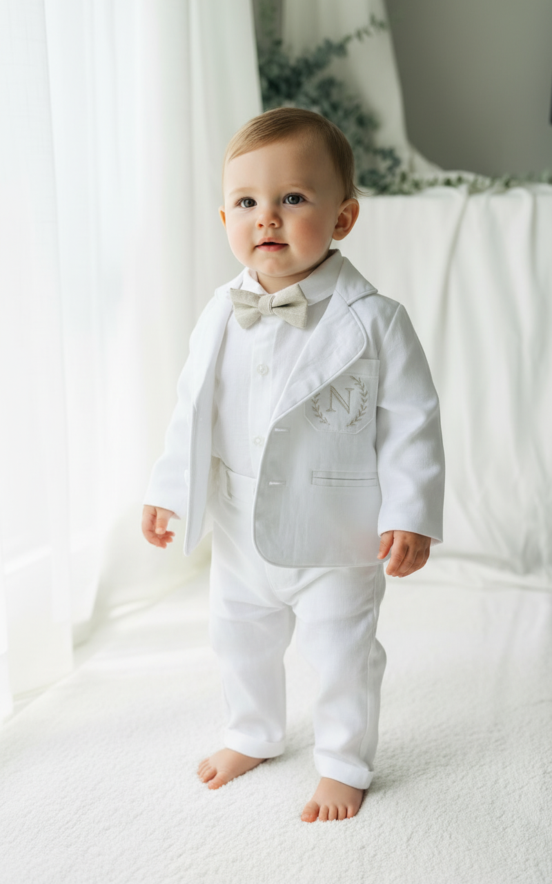 White linen Baptism suit set with pants, shirt, suspenders and bowtie plus optional jacket and extras