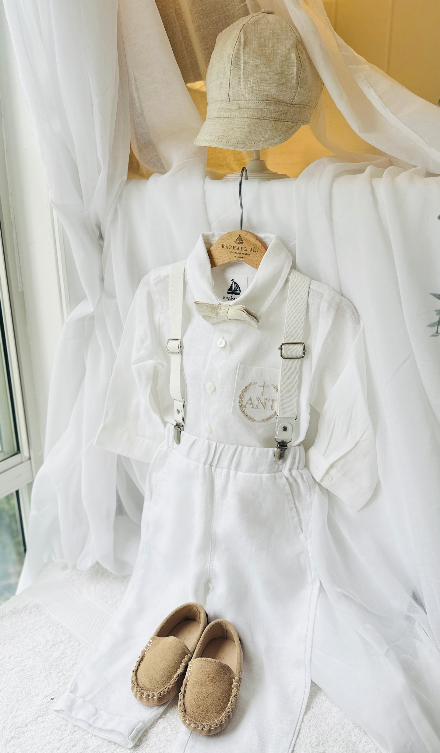 Navy blue and beige formal baptism or wedding suit with accessories and optional personalisation