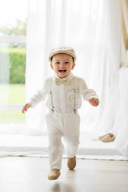 White linen Baptism suit set with pants, shirt, suspenders and bowtie plus optional jacket and extras