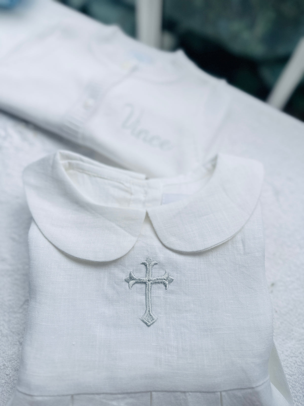 Linen Baptism 3/4 length jumpsuit romper with optional cardigan and embroidery