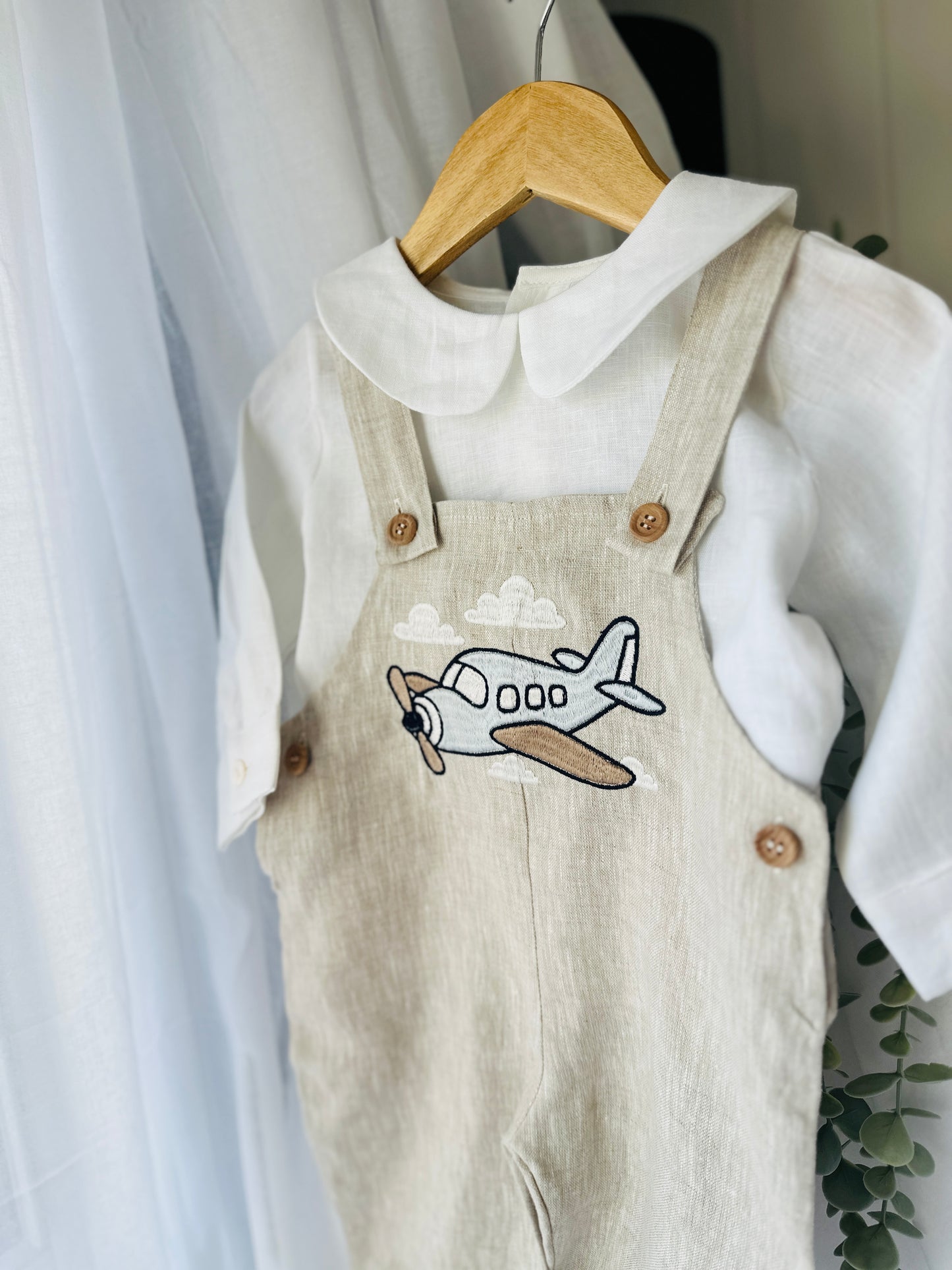 Boys Beige Linen Birthday overalls romper dungarees safari balloon fast car wild sea themes