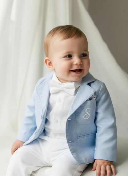Boys Pale Blue chambray Jacket and White Linen Baptism Outfit