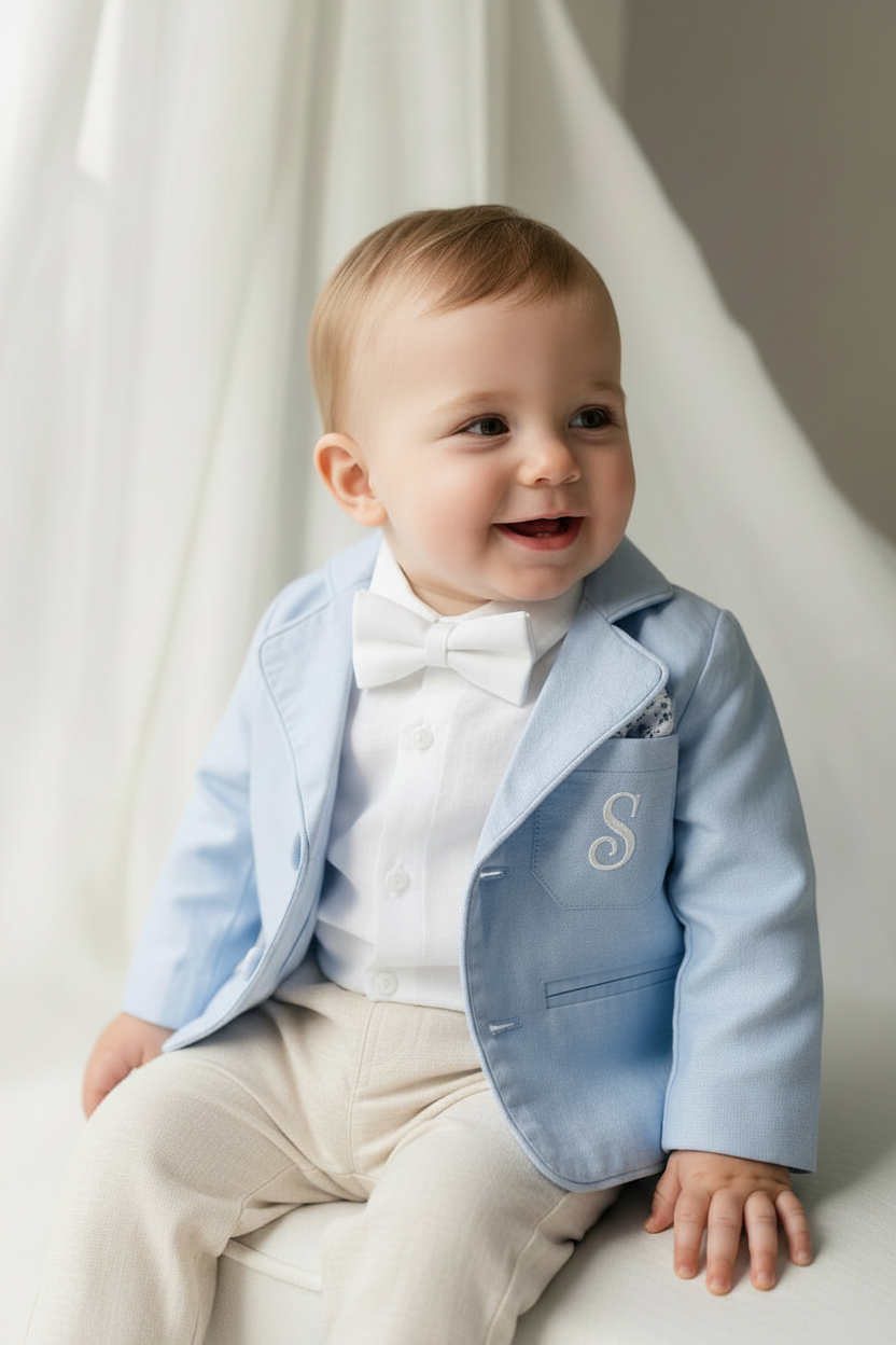 Boys Pale Blue chambray Jacket and beige Linen pants suit