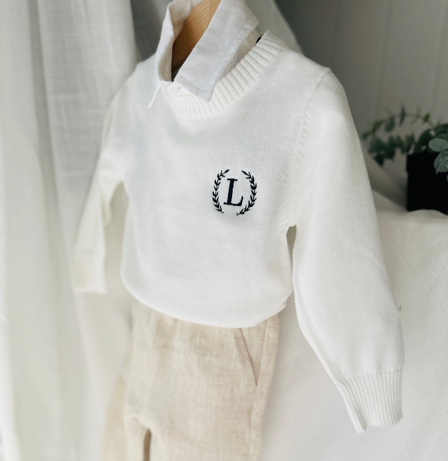Warm white cotton sweater with optional first birthday embroidery