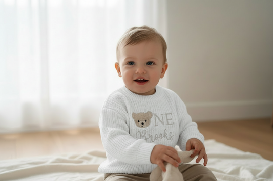 Baby first birthday whale teddy safari balloon sweater jumper with embroidery of your choice