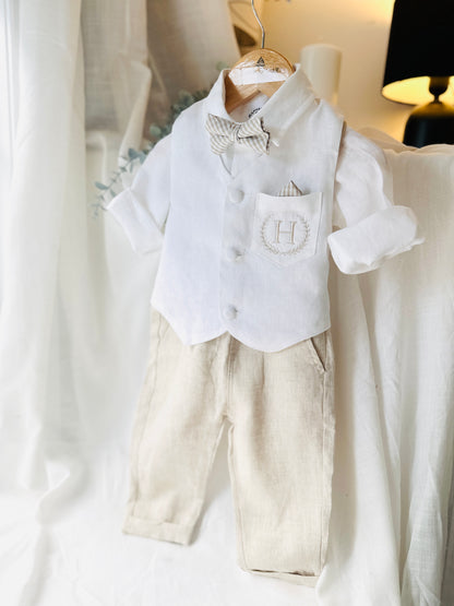 Boys white and beige linen set with vest, shirt, pants, suspenders and bowtie