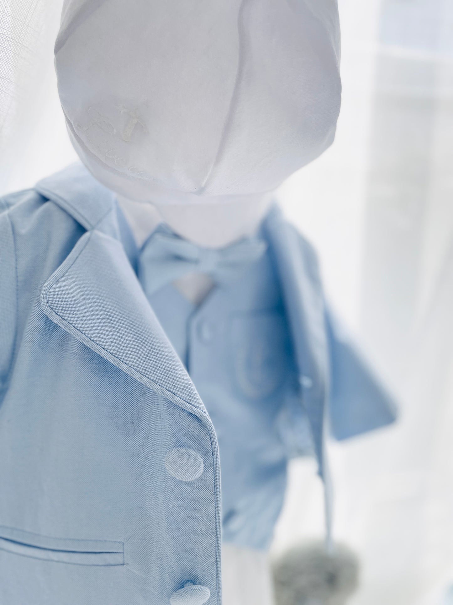 Boys pale blue and white Baptism outfit with blue vest, white linen suspender pants and shirt