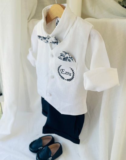 White linen vest and navy shorts summer set
