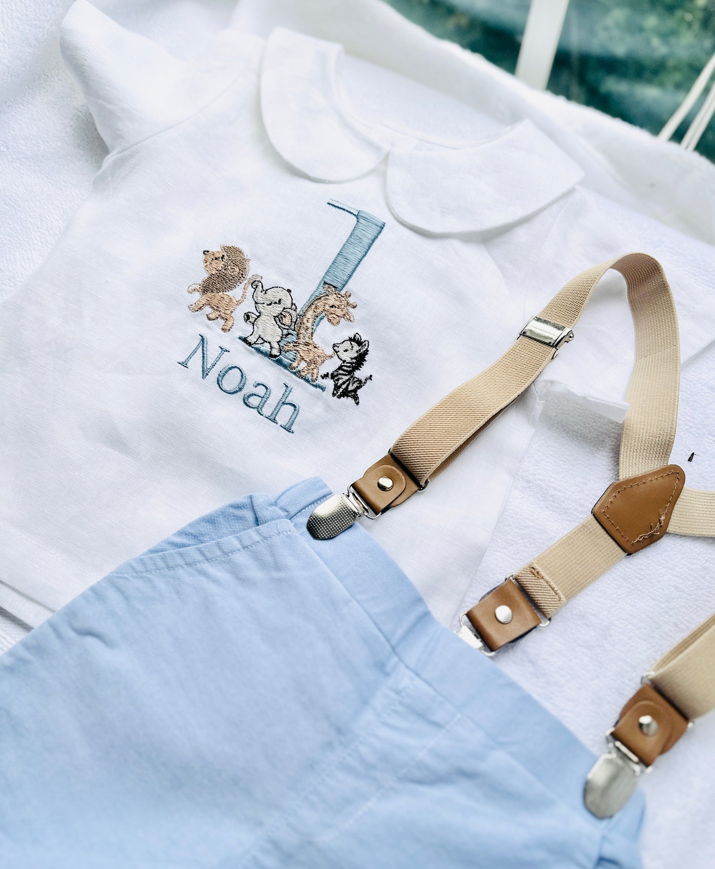 Blue and white linen first Birthday and Baptism blouse with suspender shorts set
