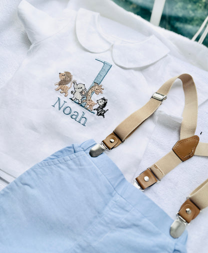 Blue and white linen first Birthday and Baptism blouse with suspender shorts set