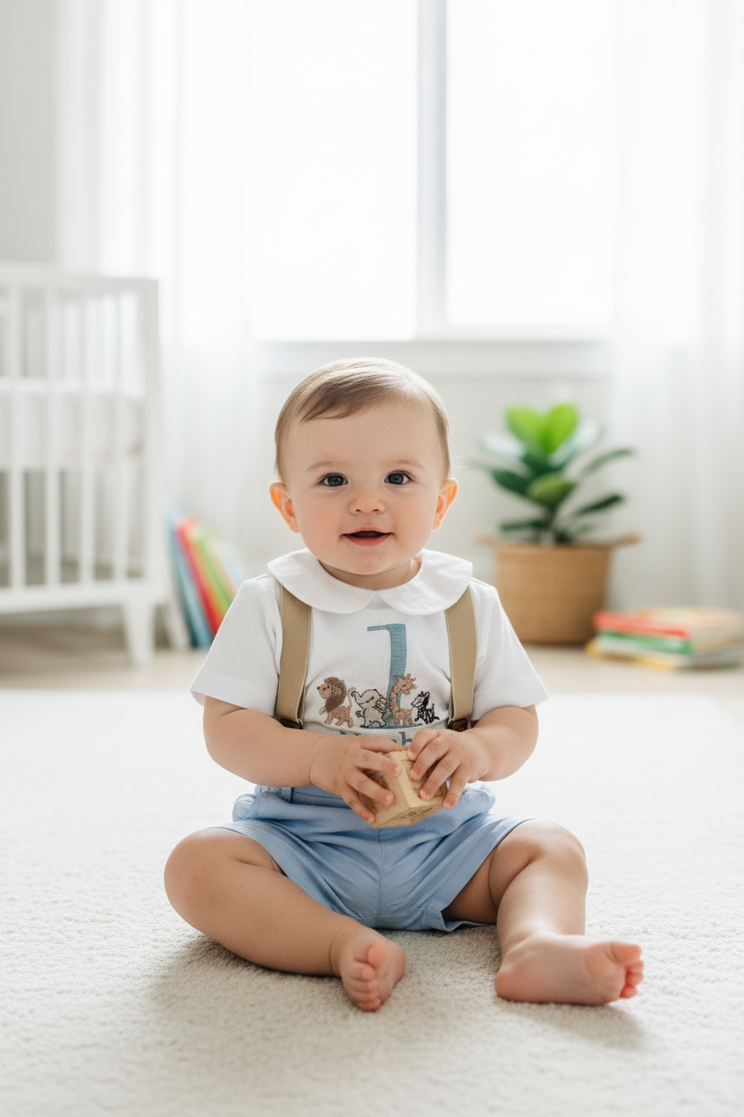 Blue and white linen first Birthday and Baptism blouse with suspender shorts set