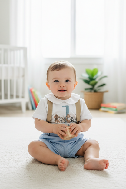 Blue and white linen first Birthday and Baptism blouse with suspender shorts set
