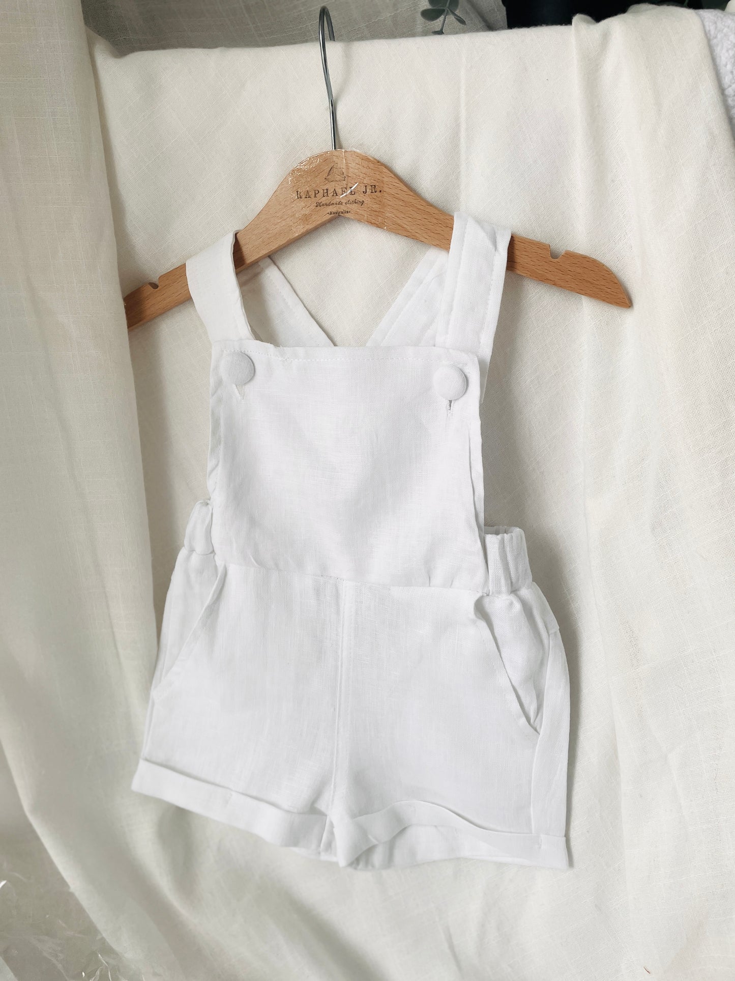 Boys white pure linen overalls suspender shorts with optional shirt and embroidery