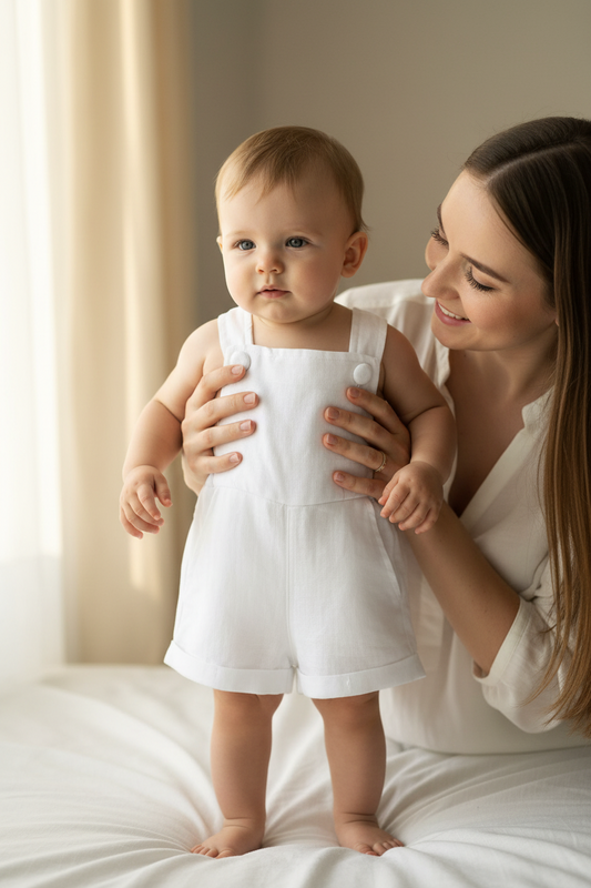 Boys white pure linen overalls suspender shorts with optional shirt and embroidery