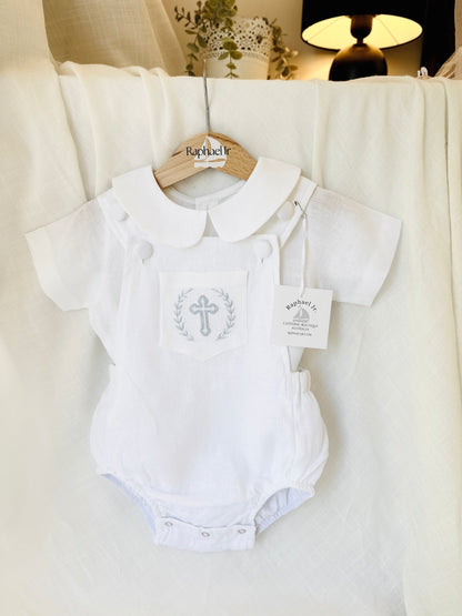 Baby white linen baptism romper overalls and blouse shirt set