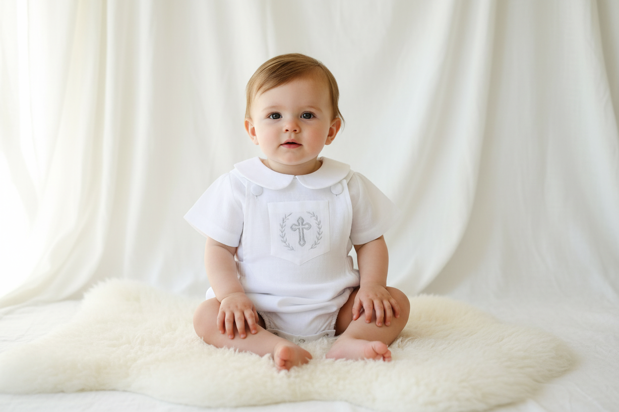 Baby white linen baptism romper overalls and blouse shirt set