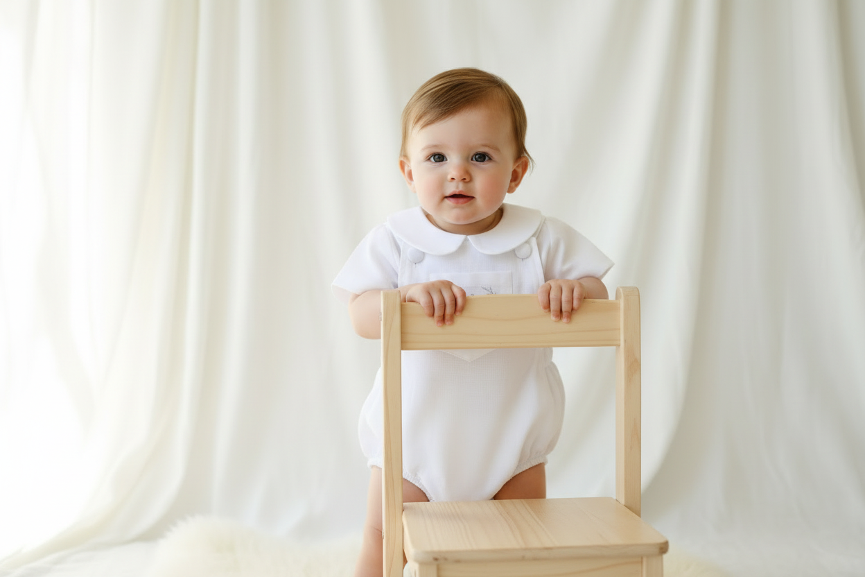 Baby white linen baptism romper overalls and blouse shirt set