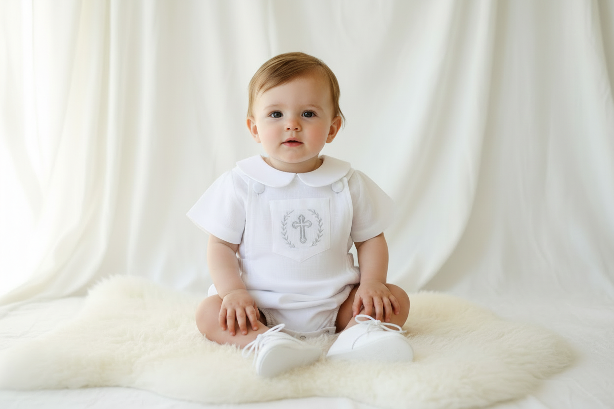 Baby white linen baptism romper overalls and blouse shirt set