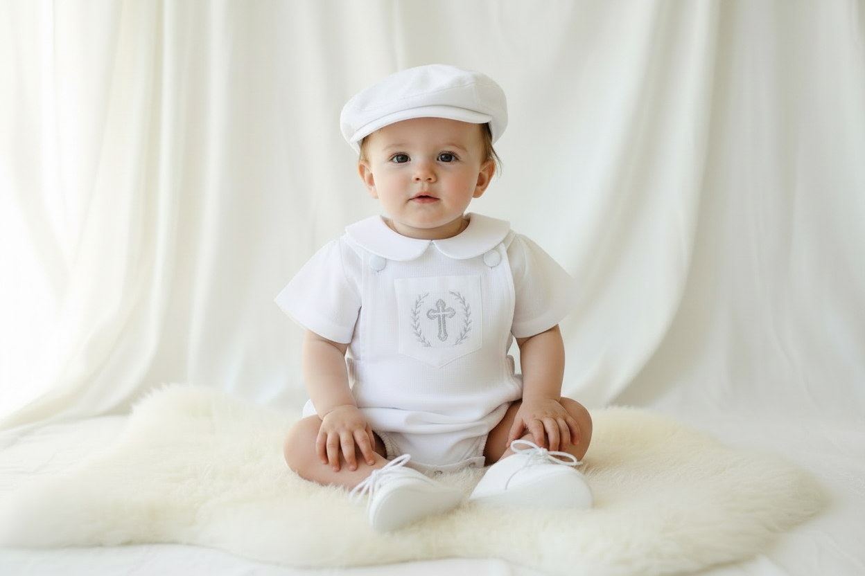 Baby white linen baptism romper overalls and blouse shirt set
