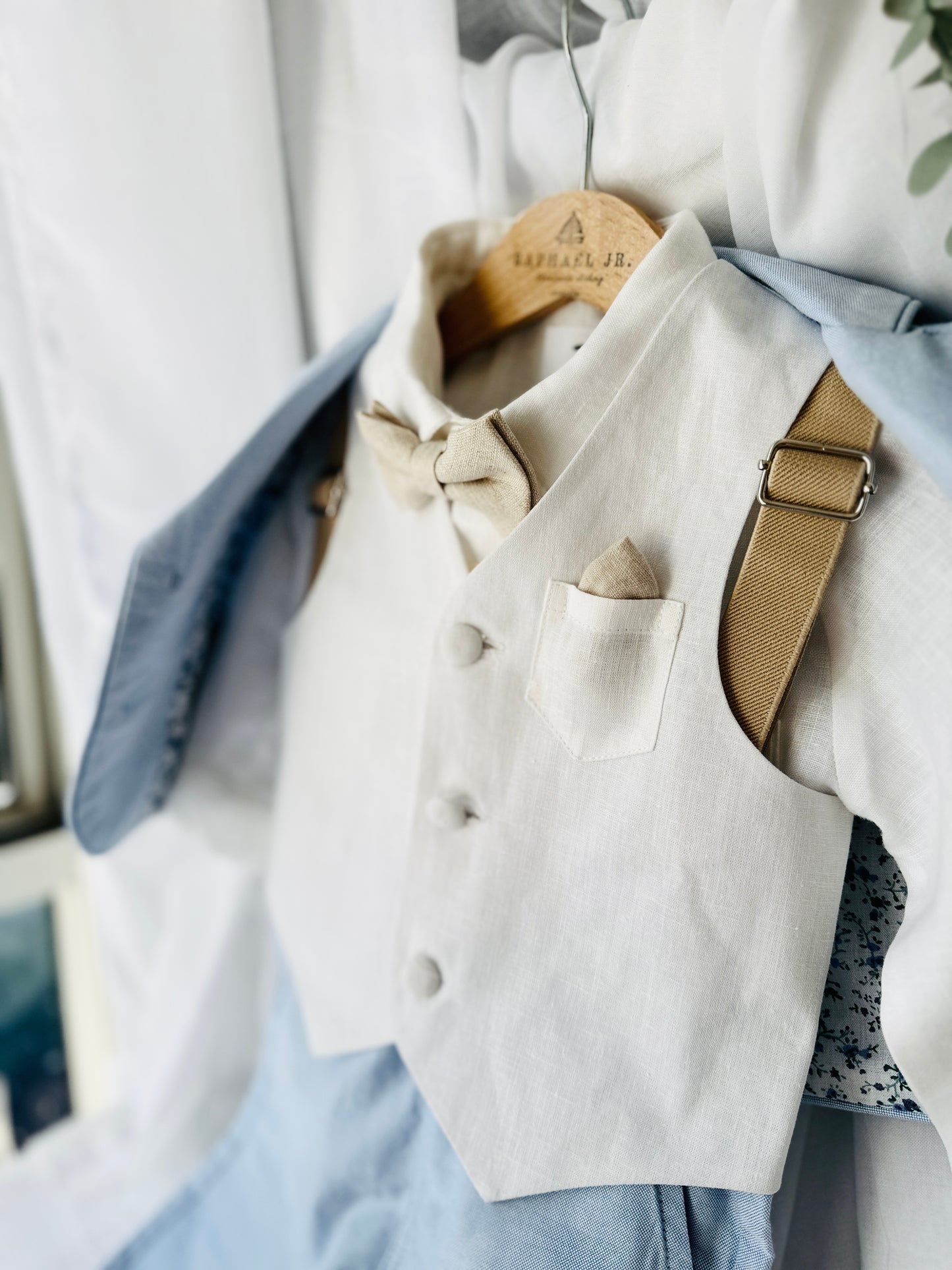 Pale Blue Suit with white linen vest and optional Jacket