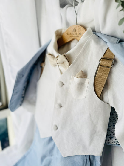 Pale Blue Suit with white linen vest and optional Jacket