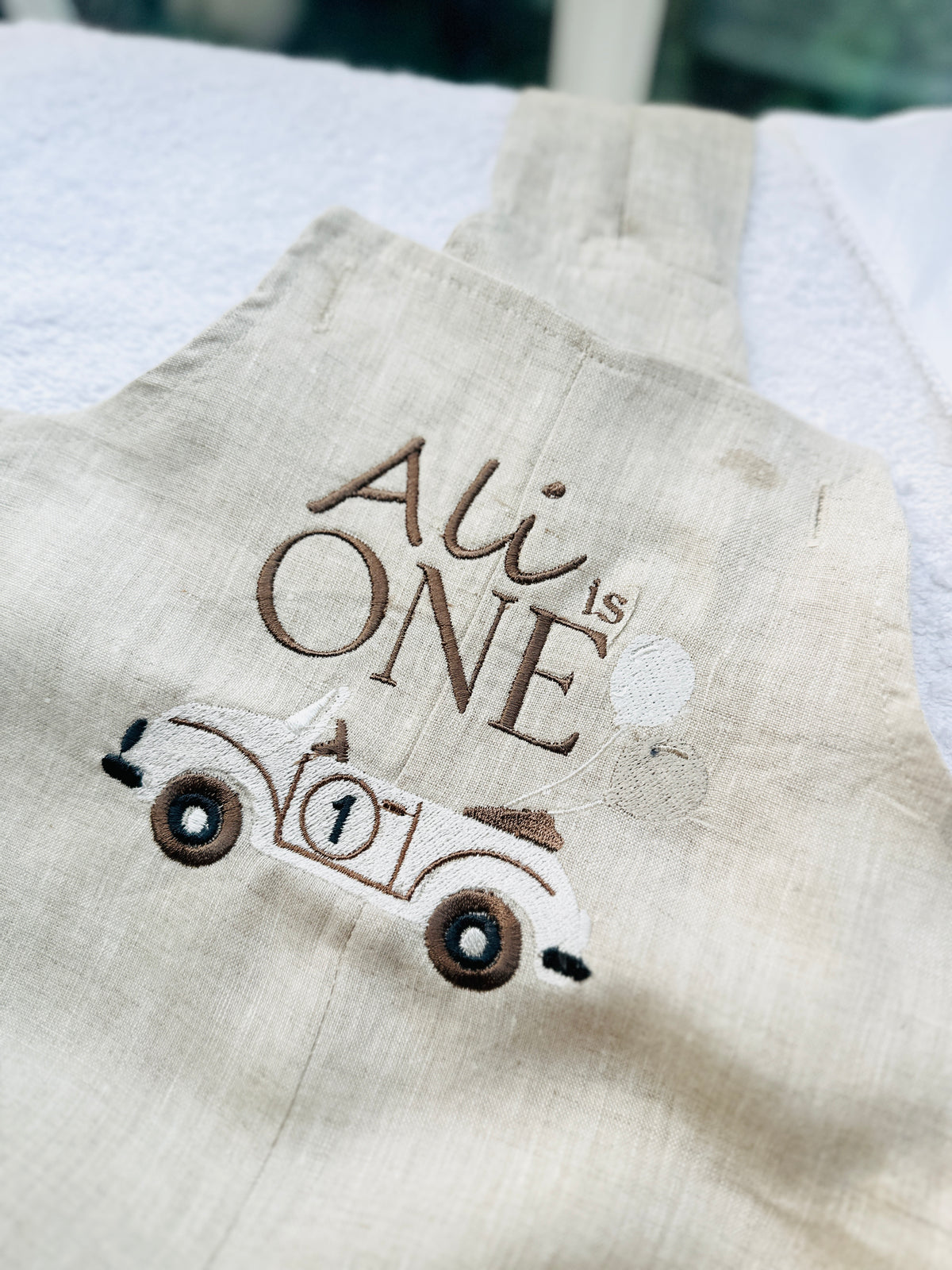 Boys beige pure linen overalls with optional shirt and embroidery